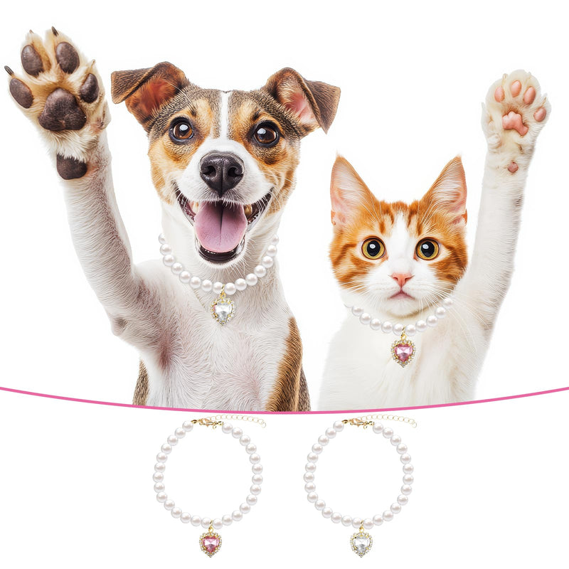 2 Pcs Cat Dog Pearl Necklace Small Heart Shape Rhinestone Pet Collar Adjustable Dog Collar Wedding Party Pet Jewelry Accessories for Cats Puppy Small Dogs (Pink, White) - BeesActive Australia