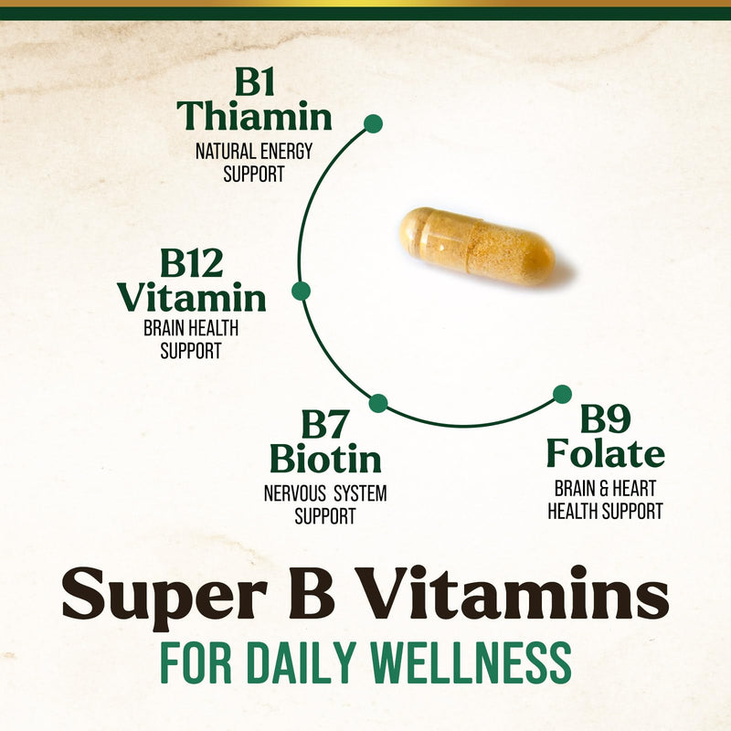 B Complex Vitamin Supplement with Vitamin C & Folic Acid - 60 Capsules | Super B Vitamin Complex - Contains B1, B2, B3, B6, and B12 vitamins for comprehensive nutritional support 60 Count (Pack of 1)