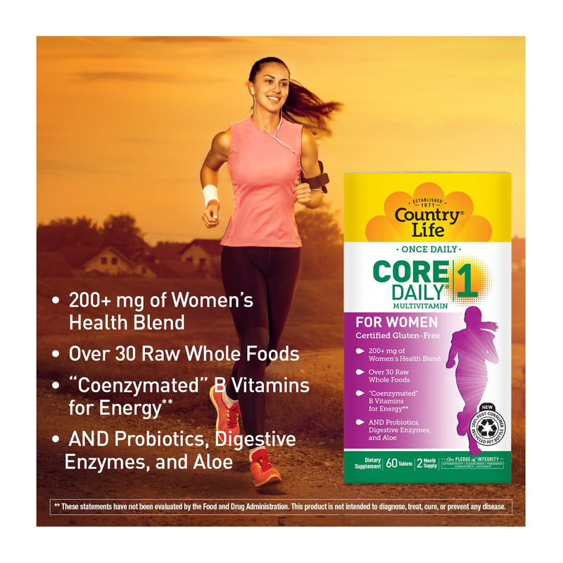 Country Life Core Daily 1 Women’s Multivitamin with Iron, 60 Tablets | Once-daily formula with 200+ mg Women’s Health Blend, coenzymated B vitamins, probiotics and digestive enzymes