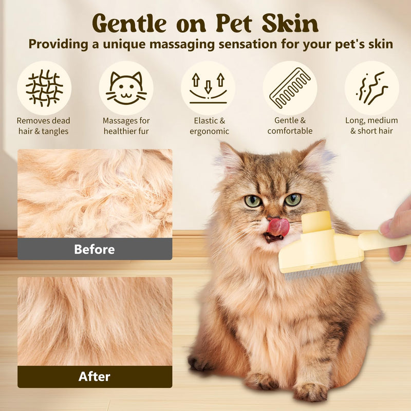 Pet Hair Removal Comb Flea Comb, New Cat Brush with Release Button, Pet Grooming Brush for Short&Long Hair(Yellow+Green） - BeesActive Australia