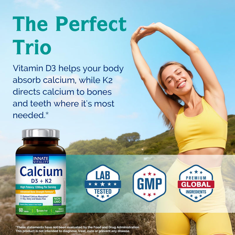 Innate Vitality Calcium Supplement, 1200 mg High Potency with 5000 IU Vitamin D3 & K2 MK7, Enhanced Absorption, for Bone Density, Strength & Immunity, Non-GMO, Easy to Swallow, 60 Tablets