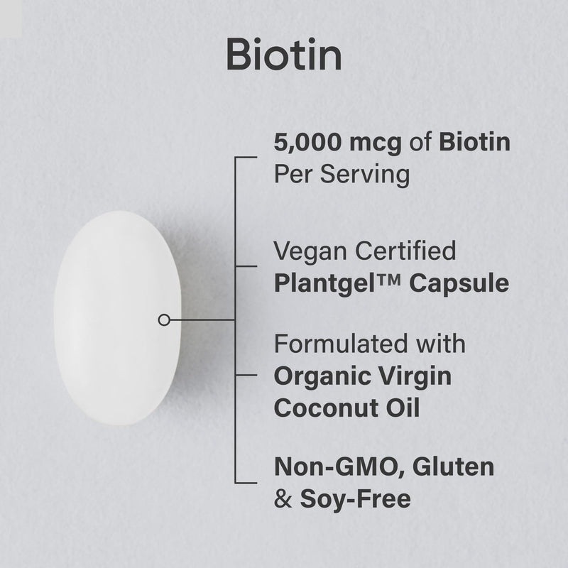 Sports Research® Biotin 5,000mcg w/Coconut Oil, 30 Count Plantgels™ | Extra Strength Vegan Biotin (Vitamin B7) for Healthy Skin and Hair Support | Non-GMO, Gluten & Soy-Free, 30 Servings