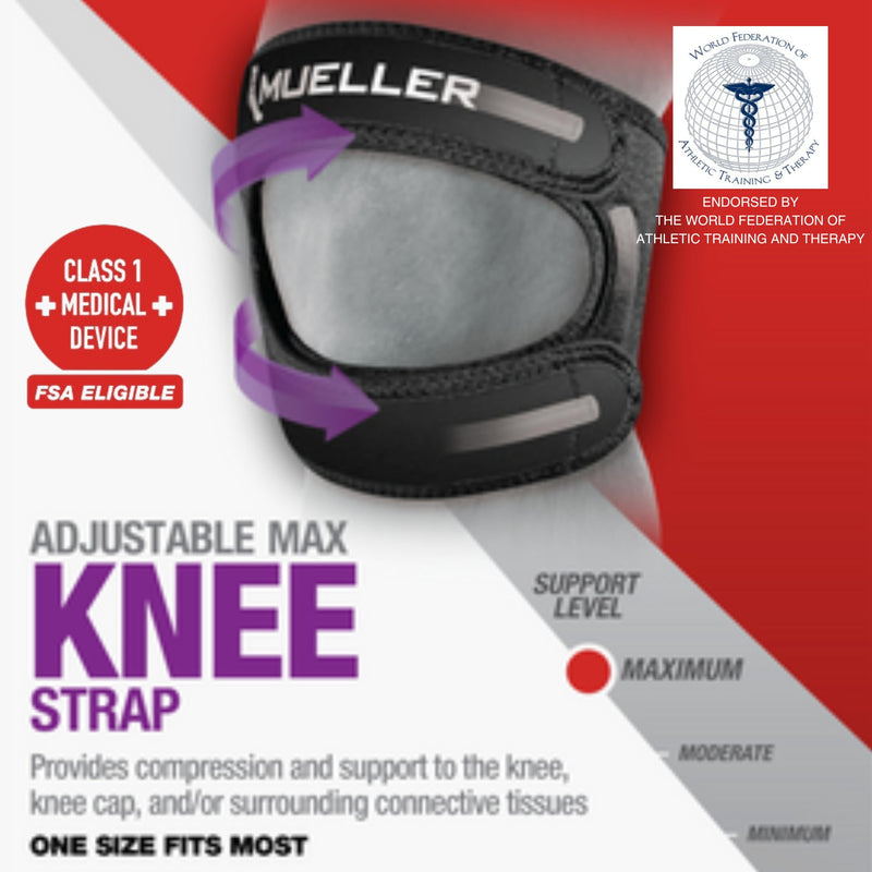 MUELLER Sports Medicine Adjustable Max Knee Single Strap for Men and Women, Compression & Pain Relief Support for Osgood-Schlatter's, Runner's Knee, Patellar Tendinitis, Black Large/X-Large - BeesActive Australia