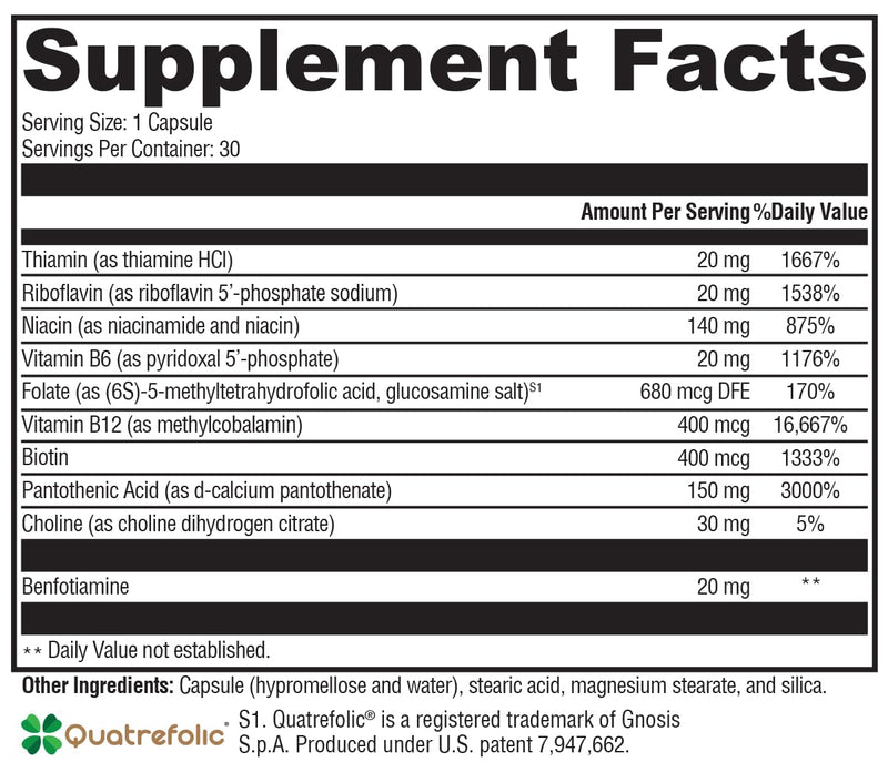 XYMOGEN Vitamin B Complex - B-Activ Activated B Vitamins with Benfotiamine & Quatrefolic - for Adrenal, Immune & Nervous System Support* - Gluten-Free & Vegetarian - 30 Capsules