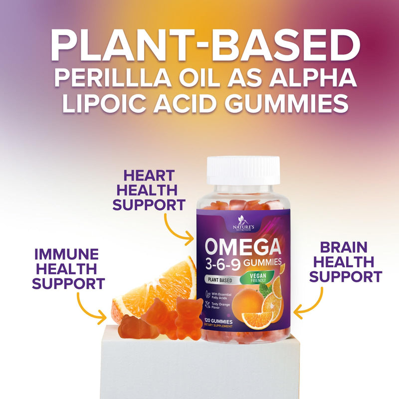 Omega 369 Gummies - Vegan Triple Omega 3 Supplement Gummy - Essential Fatty Acids Oil 3 6 9 Complex Heart Support and Brain Support for Women, Men & Pregnancy, Fish Free Non-GMO, Orange - 120 Gummies 120 Count (Pack of 1) - BeesActive Australia