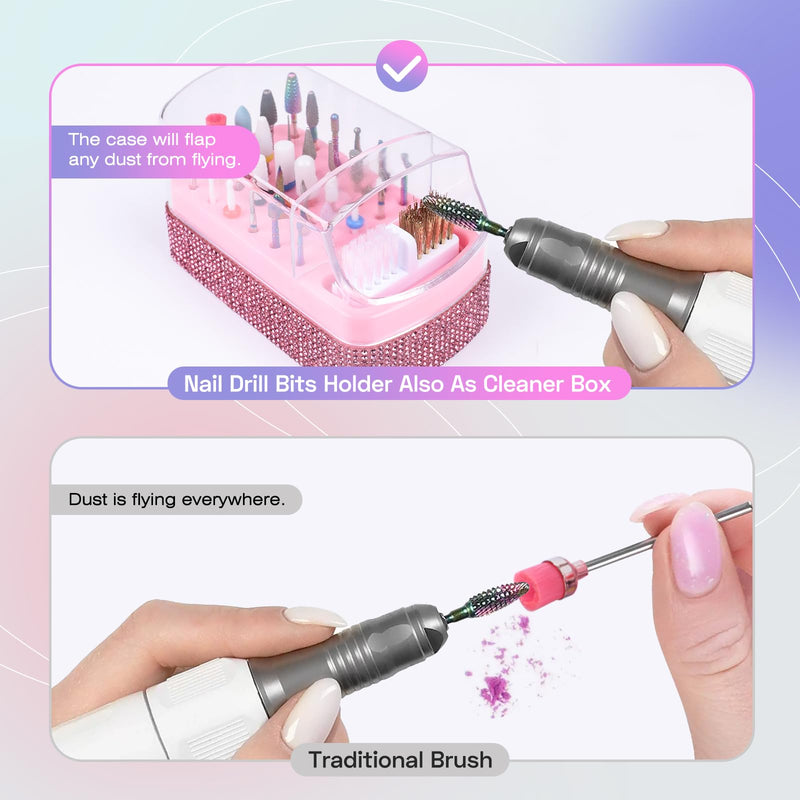30PCS Nail Drill Bits Set with Holder Case, 3/32 Inch Tungsten Carbide Ceramic Diamond Efile Nail Bits Tool & Organizer for Acrylic Gel Dip Powder Cuticle Removal Polish, Nail Tech Manicure Pedicure Pink(Bits+Holder)