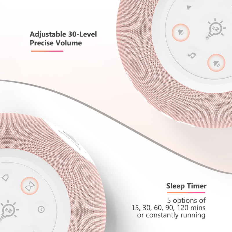 Reacher Auto Dimmable Sound Machine Alarm Clock with Night Lights, 20 Soothing Sounds, Sleep Timer, Precise Volume Control, Cute White Noise Soother for Girls, Kids, Bedrooms, Office Pink