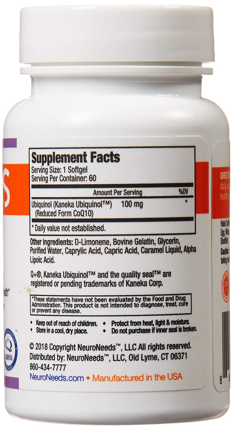 QNeeds® coqh-cf Ubiquinol 100 mg COQ10 Clinically Proven Enhanced Delivery for Maximum Absorption, Enhanced Mitochondrial Support, Antioxidant for Heart Health, 60 Count Softgels