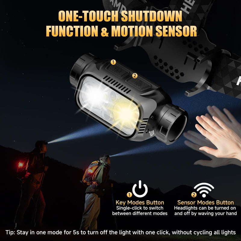 Rechargeable LED Headlamp 3 Pack, High Lumen Super Bright Head Lamp with Red Light, Motion Sensor, 5 Modes, 90° Adjustable, Waterproof Lightweight Headlamps for Adult Running, Camping, Hiking