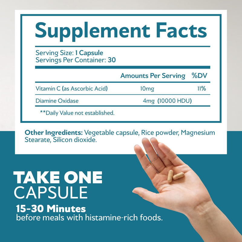DAO Enzyme - Histamine Blocker Supplements with Diamine Oxidase & Vitamin C | Advanced DAO Enzyme Formula for Histamine Digest & Intolerance Support - Diamine Oxidase DAO Supplement, 30 Capsules 10000 HDU 30 Count (Pack of 1)