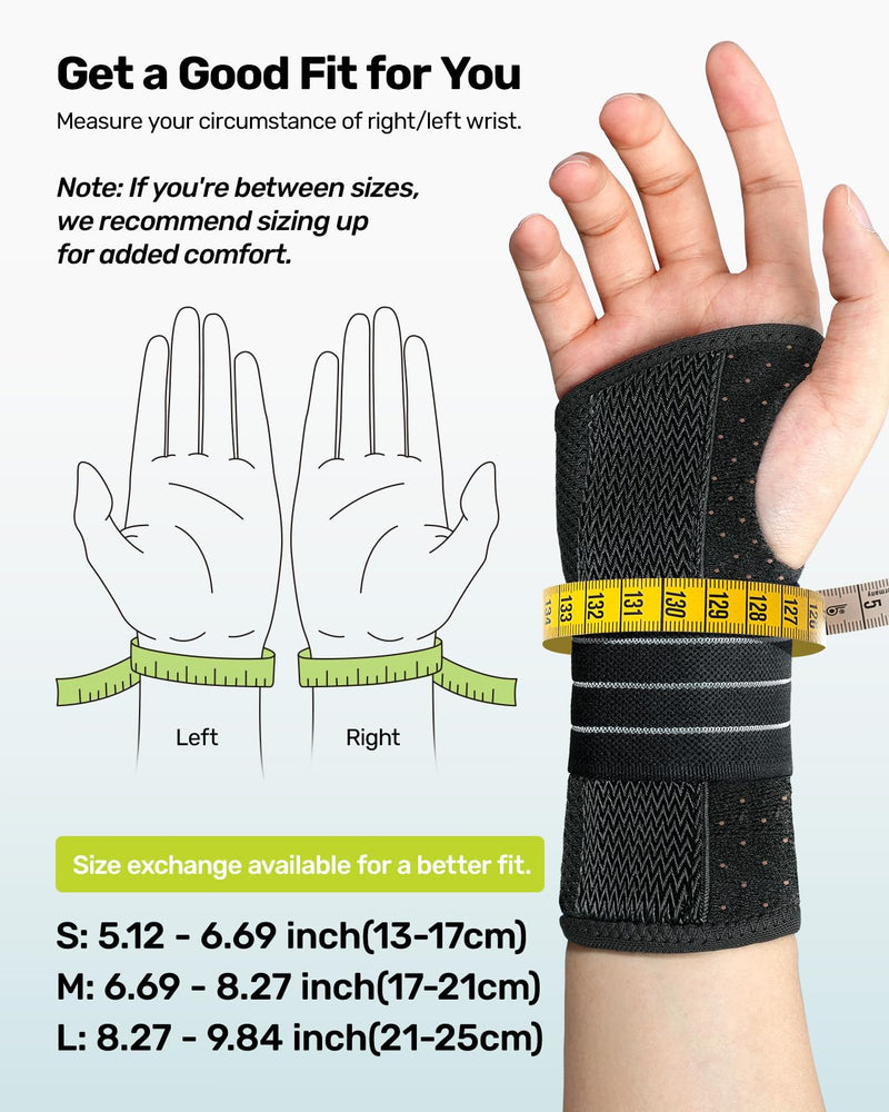 Carpal Tunnel Wrist Brace Left Hand, Adjustable Night Wrist Support with 3 Metal Splints, Hand Brace for Men Women No Pressure on Thumb, Splint Stabilizer for Work, Arthritis, Gray Medium