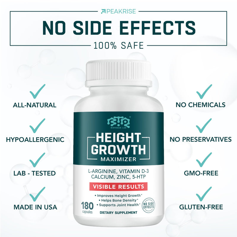 BIOTEQUELAB Height Growth Maximizer, Calcium, Vitamin D3 and Zinc Blend Pills, Bone Growth Supplement for Kids and Teens, Bone Strength, Density Support, GMO-Free, Gluten-Free, Made in USA, 180 Caps 180 Count (Pack of 1)