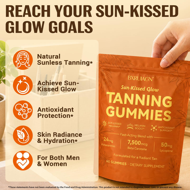 Tanning Gummies, Sunless Tanning Supplement for Women and Men, with Beta Astaxanthin, Carotene, Lycopene, Collagen & Vitamins | Skin Radiance & Hydration | Vegan & Sugar Free - 60 Count Orange