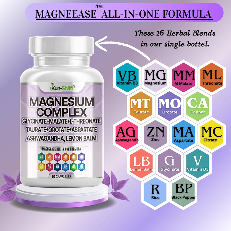 Magnesium Complex with Magnesium Glycinate Malate, L-Threonate, Taurate, Orotate, Zinc,Aspartate, Copper Manganese & Vitamin D3 B6 Complex - 1Pack