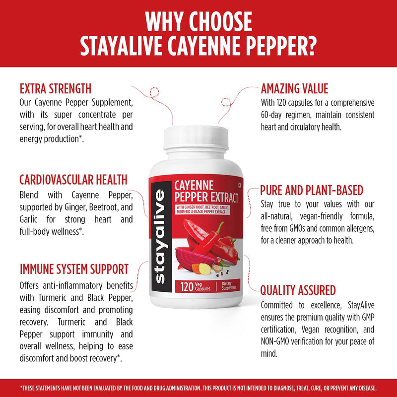 StayAlive Cayenne Pepper Capsules 960mg Super Extract with Ginger, Garlic, Turmeric, Beet Root, Black Pepper, 120 Cayenne Capsules, Support Cardiovascular & Immune System, Capsaicin Supplement Pills