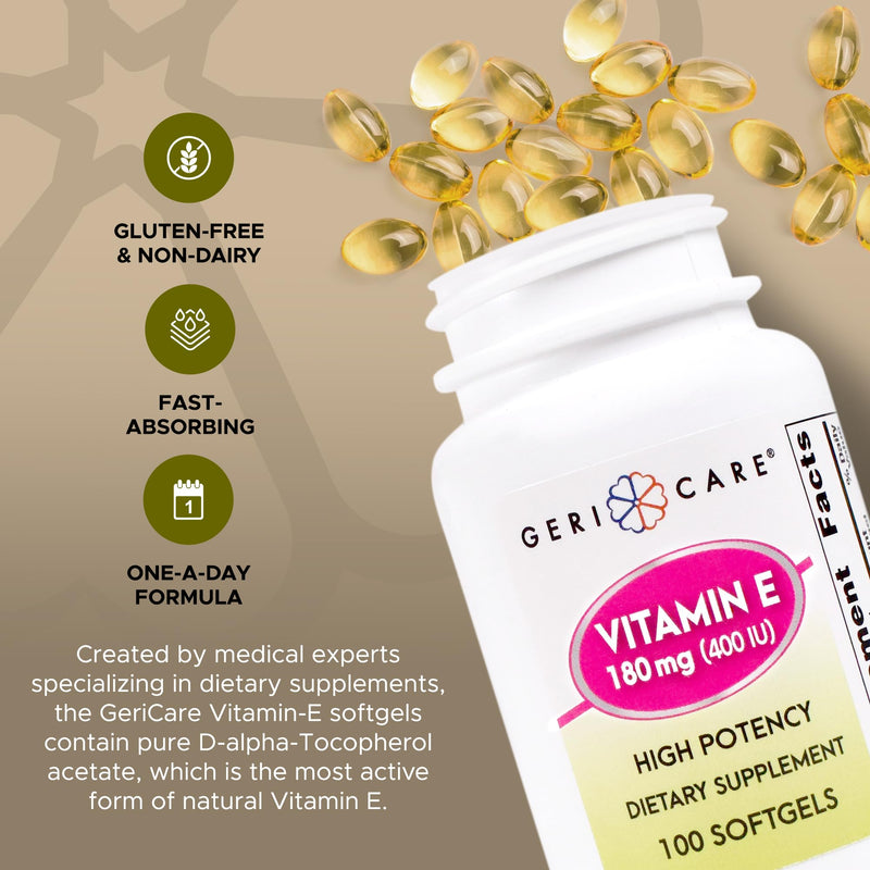 GeriCare High-Potency Vitamin E Capsules – 400 IU for Skin & Immune Support, 180mg | 100 Count | Organic Vitamin E for Women and Men 100 Count (Pack of 1) Softgel - 180mg