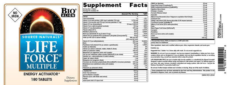 Source Naturals Life Force Multiple - 180 Tablets | No Iron Bio-Aligned Formula® - Delivering 40+ Ingredients for Foundational Nutrition 180 Count (Pack of 1)
