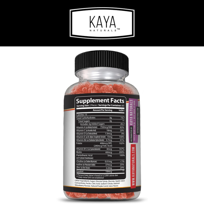 Kaya Naturals Adult Multi Vitamin Gummy, 120 Count, Biotin, Vitamin A, B-12, C & E, Including Zinc, Folic Acid, Strawberry Flavor (120 Gummies) 120 Count (Pack of 1)