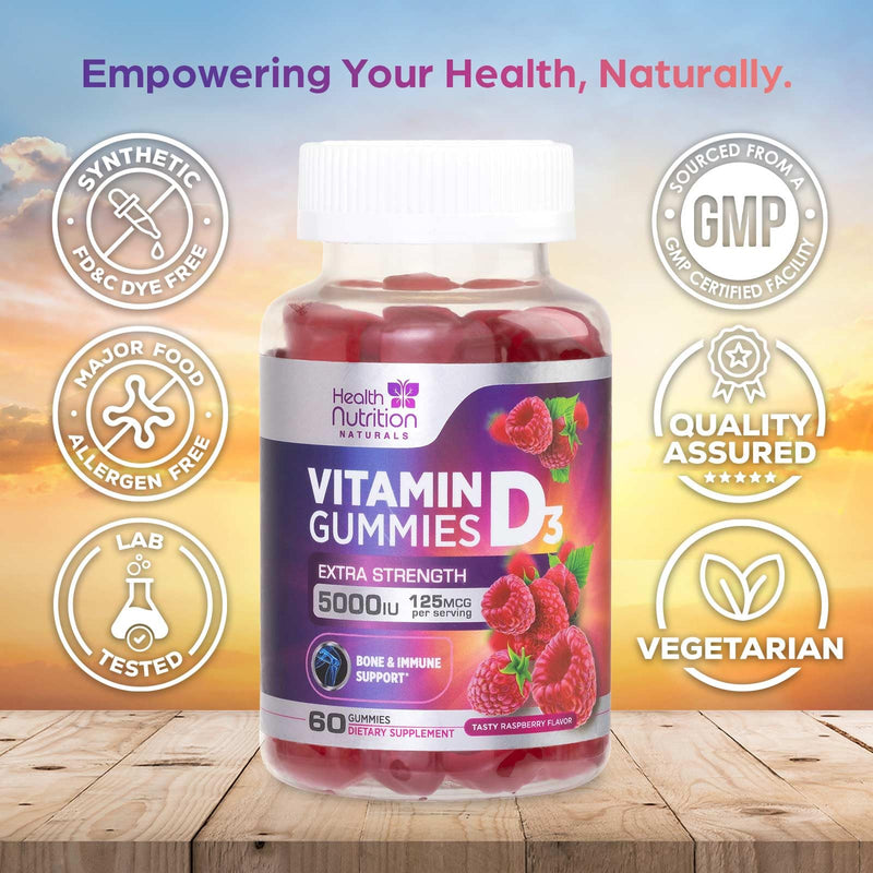 Vitamin D3 Gummies 125 mcg (5000 IU) Per Serving - 3X Strength Immune Support & Bone Support, Vitamin D Gummy Dietary Supplement, Nature's Berry D Vitamin Supplement, Raspberry Flavored - 60 Gummies 60 Count (Pack of 1)