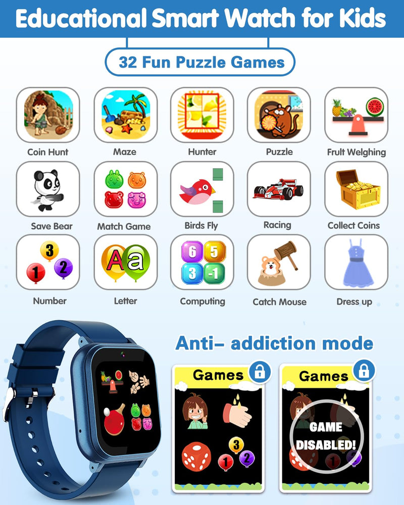 Waterproof Smart Watch for Kids with 32 Games Dual Camera, Habit Tracking, Alarm, Pedometer, HD Touchscreen with Protector, Kids Watch Toys for Boy Age 5-12 Christmas Birthday Gift Boys Girls(Blue) BLUE - BeesActive Australia