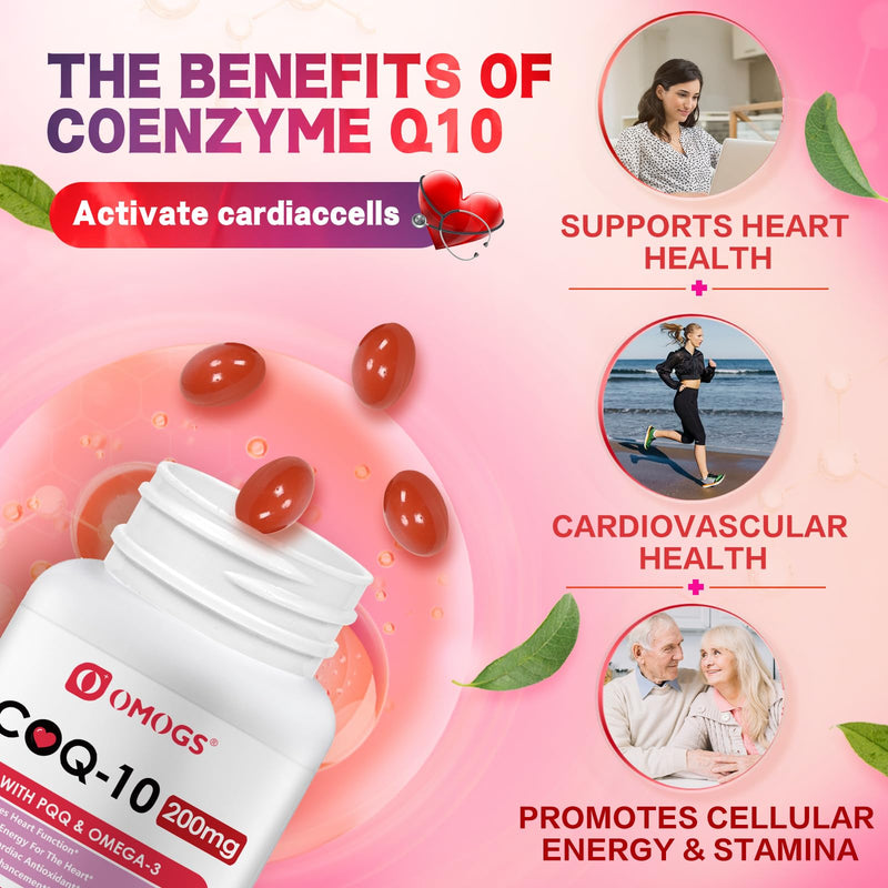 OMOGS CoQ10 200mg Softgels, Coenzyme Q10 High Absorption Supplements Support Heart Health, Cardiovascular Health, Immune System & Cellular Energy Production, Gluten Free, 90 Softgels 90 Count (Pack of 1)