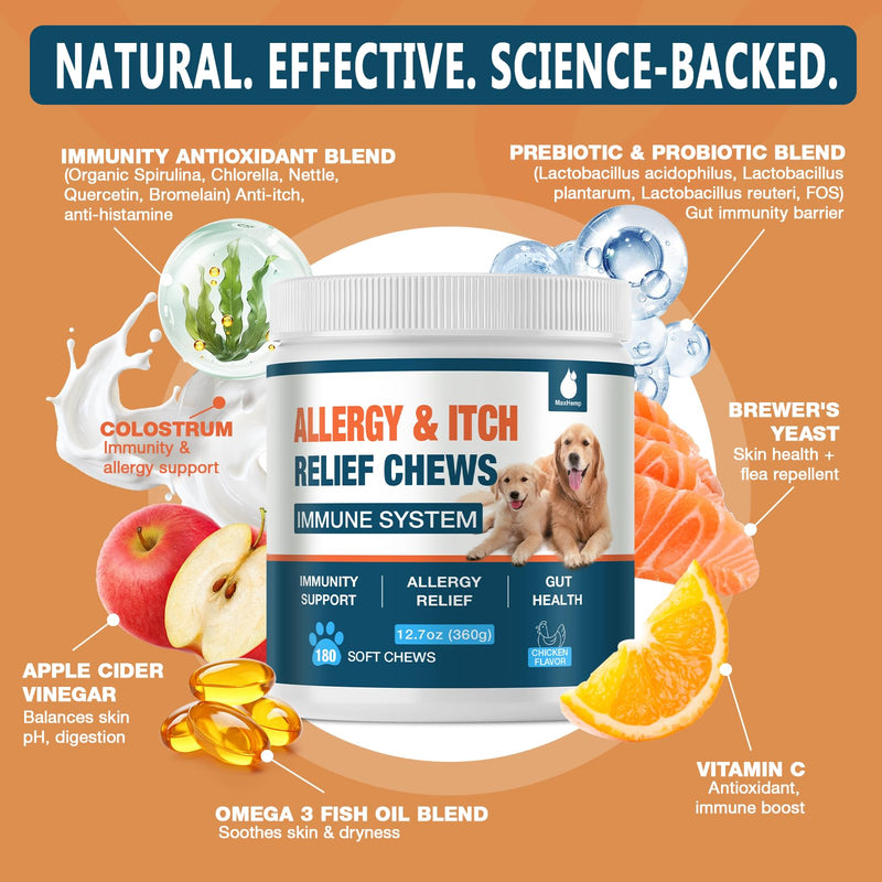 180 Chews Dog Allergy Chews, Itching Skin Relief, Natural Dog Allergy Relief Treatment for Paw Licking, Hot Spots, Anti-Itch, Dry Skin, Allergies & Immune Support Supplement 180-Cts