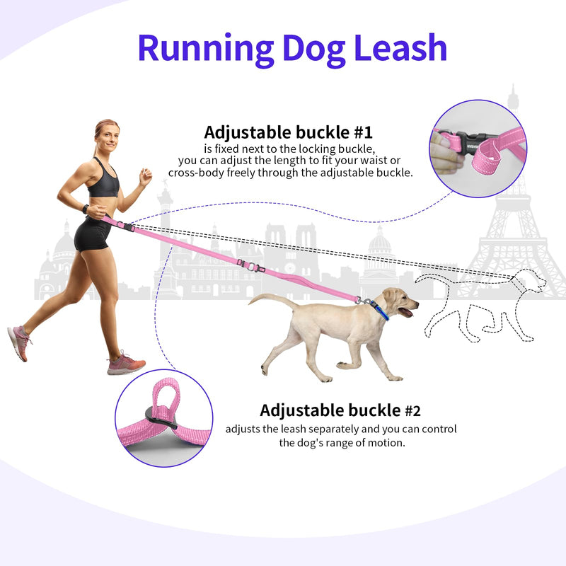 Kazazoo Hands-Free Dog Leash with Adjustable Length 6-9FT + Dual Padded Handles Reflective Safety for Walking, Jogging & Training | Suitable for Medium to Large Dogs & Puppies Pink-L L