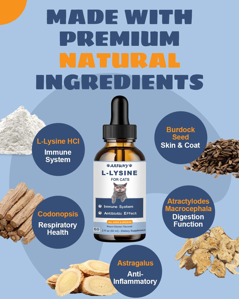 L-ysine Supplement for Cats - Immune Support - 60ML Lysine for Feline Respiratory, Sneezing, Runny Nose, Eye Function - Natural Cat Antibiotic Drops - Roast Chicken Flavor - PawsPlanet Australia