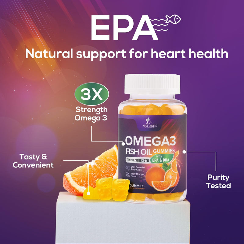 Omega 3 Fish Oil Gummies - 3X Strength Heart Health Support, High Absorption Omega 3 Fish Oil Gummy Supplement with DHA & EPA, Joint & Brain Support for Adults, Delicious Orange Flavor- 60 Gummies 60 Count (Pack of 1)
