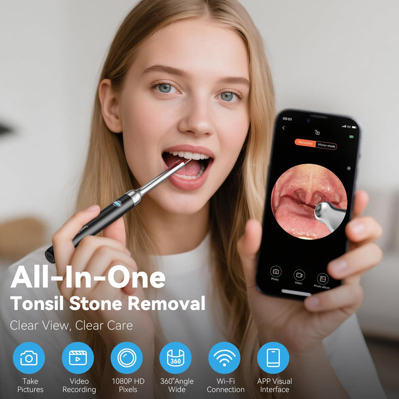 Upgraded Tonsil Stone Remover with Camera, Visual Tonsil Stone Removal Kit with 6 LED Light, Tonsil Stone Removal Tool Camera with 1080P, 5 Head Attachments, for iOS & Android (Black) Black - BeesActive Australia