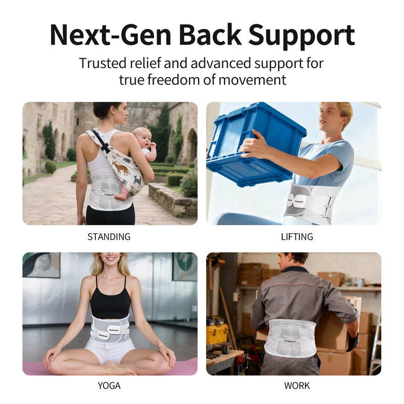 Lower Back Brace for Women Men, Adjustable Lumbar Support with Ergonomic Metal Stays for Work,Lifting,Drive,Fitness, Breathable Fabric Support Belt with 3D Pad, Grey,Size L,Waist 38"-45" Large(Waist 38"-45")