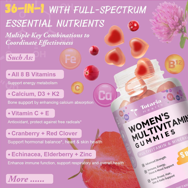 Totaria Sugar Free Multivitamin Gummies for Women 14+ w/Iron, Inositol, Folate, Biotin, Womens Daily Multivitamin Gummy w/Vitamin A, C, B, D3, K2, for Hair, Skin, Energy, Immune, Strawberry Flavor 60 Count (Pack of 1)