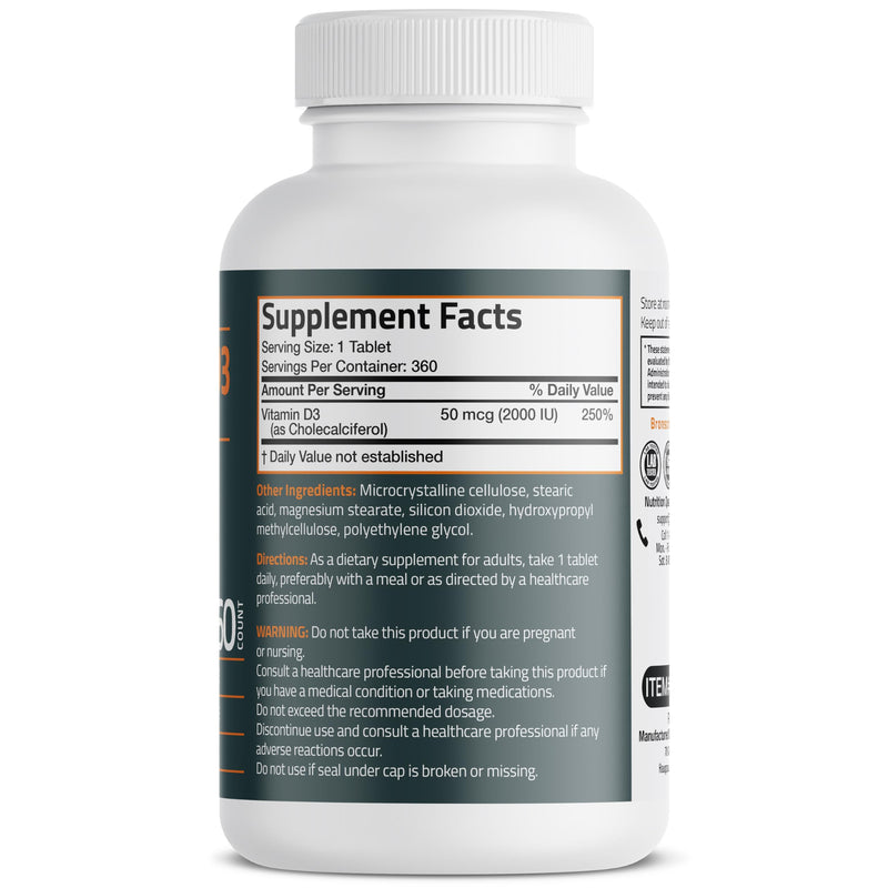 Bronson Vitamin D3 2000 IU (50mcg) Non-GMO, 360 Tablets