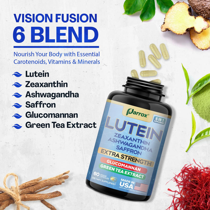 Lutein & Zeaxanthin Eye Vitamins for Adults, Vision Support, 60 Capsules | Vision Health Support with Ashwagandha, Saffron, Green Tea Extract & Glucomannan, Plant-Based Formula 60 Count (Pack of 1)