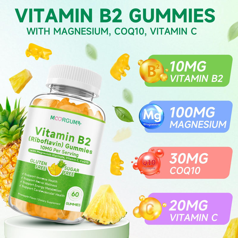 Vitamin B2 Gummies, 10mg Riboflavin Supplement for Kids & Adults, with Magnesium Glycinate, CoQ10 and Vitamina C, for Women and Men, Energy, Immune Wellness & Cellular Health Support, 60 Count 60 Count (Pack of 1)