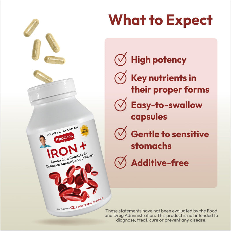ANDREW LESSMAN ProCaps Iron Plus 18mg Chelated Iron 360 Capsules | Gentle amino acid chelated iron with Vitamin C to support absorption. Non-acidic and easy on the stomach. 360 Count (Pack of 1)