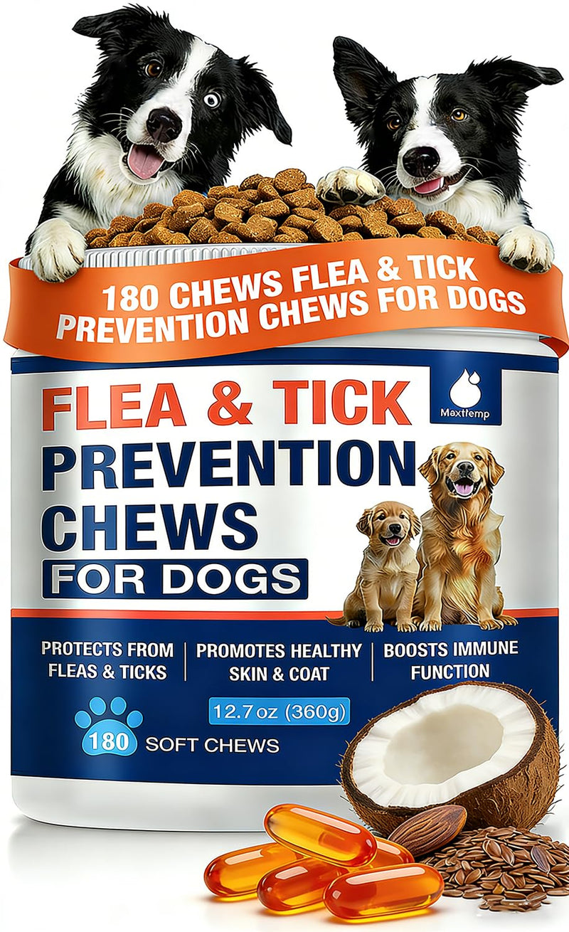 Natural Flea and Tick Prevention for Dogs Chewables, 180 Cts, Oral Flea Pills for Dogs, Dog Flea and Tick Treatment, Skin & Coat Support Supplement