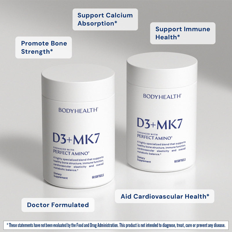BodyHealth D3 + MK7 - Vitamin D3 5000IU, Vitamin K1, Vitamin K2 - Easy to Swallow Supplement, Supports Bone Strength & Calcium Absorbtion* - 60 Softgels