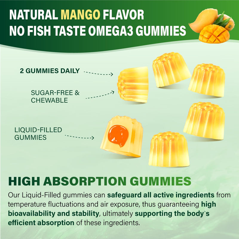 Omega-3 Supplement Gummies for Women & Men - 1000mg Vegan Omega3 | DHA & EPA with Turmeric, Vitamin D3, K2, Citicoline - Algae Oil Omega 3 Fatty Acid Supplements, Sugar-Free, Gluten Free Mango 60 Count (Pack of 2)