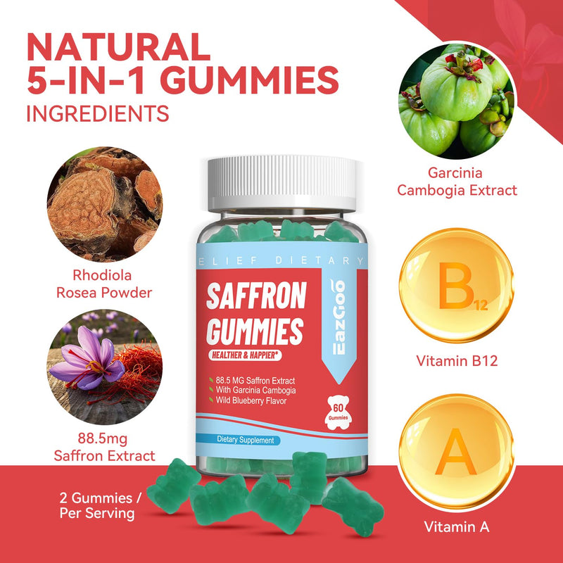 Saffron Supplements Gummies, Saffron Extract, Vegan - 60 Gummies | for Positive Mood & Calm Nerve, Boost Energy, with Garcinia Cambogia, Vitamin A, B12, Rhodiola Rosea 60 Count (Pack of 1)