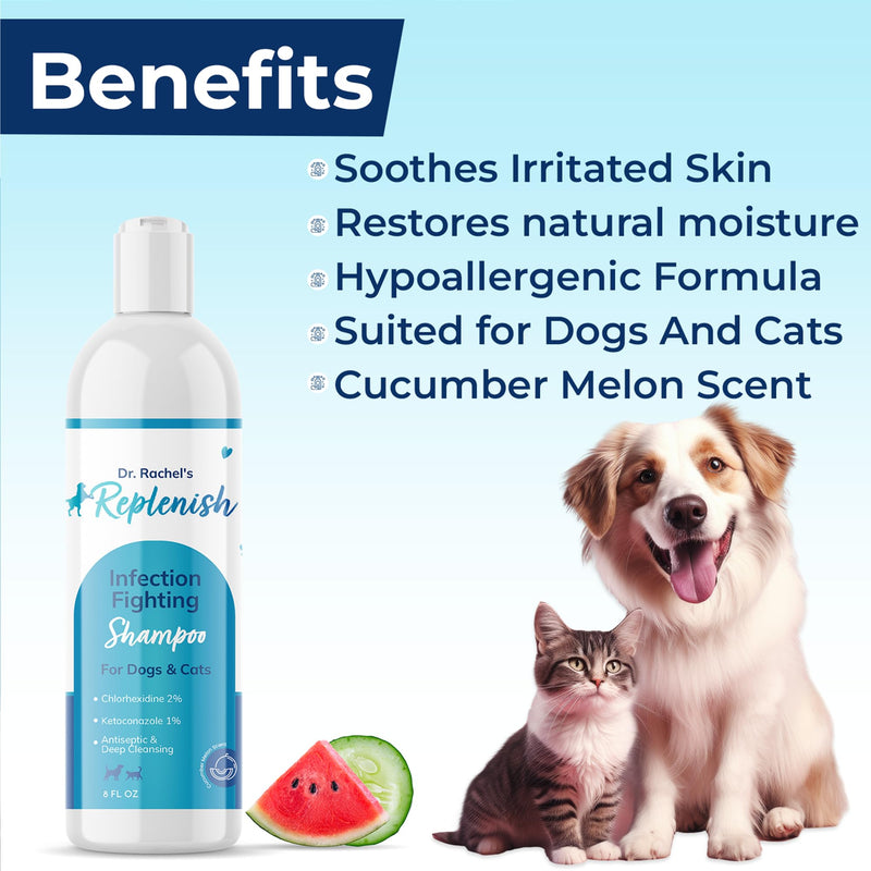 Replenish Anti Itch Dog Shampoo with Ketoconazole and Chlorhexidine for Dog Skin Irritation Treatment & Itchy Skin Relief - Dr. Rachel’s Veterinary Formula Dog Shampoo with Cucumber Melon Scent - 8 oz - PawsPlanet Australia