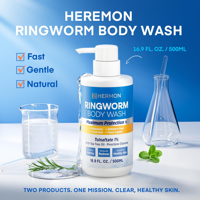 Antifungal Ringworm Treatment Body Wash - Antibacterial Wash with 1% Tolnaftate & Tea Tree Oil for Ringworm, Jock Itch, Tinea, Back Acne & Foot Odor on back, chest, groin, feet for Men and Women 500ml