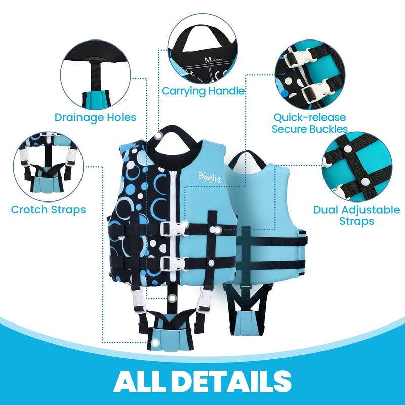 Boglia Toddler Swim Vests Jackets for Kids 20-30/30-50/50-90 Lbs 2 3 4 5 6 7 8 9yrs Infant Flaotie Boys Girls Pool Vest Neoprene Swimming Body Glove Float Vest PFD Learn to Swim Bubble Blue Black L(Age Recommend 7-9 Years)