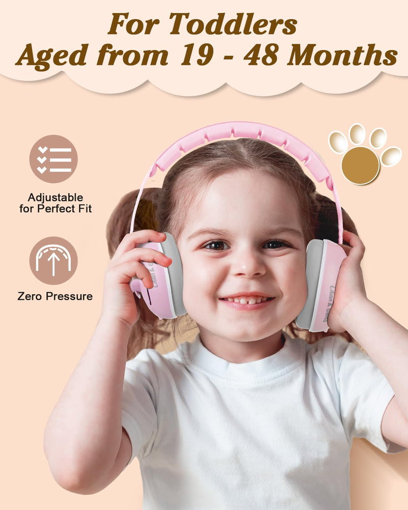Lilian&Gema 2-in-1 Baby Ear Muffs Noise Protection, Adjustable Headphones with Band, Owls Noise Cancelling Headphones for Babies & Toddler up to 4 Years, Baby Airplane Essentials/Outdoor, Pink