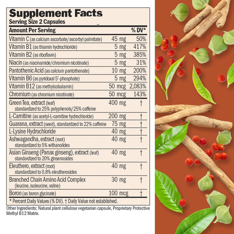 ANDREW LESSMAN Energy and Fat Metabolism Factors 60 Capsules - Promotes Optimum Fat Burning and Energy Metabolism, with Carnitine, Green Tea, Guarana, Ginseng, B-Complex. Easy to Swallow Capsules | Acetyl L-Carnitine with Adaptogens, Botanicals & B Vit...