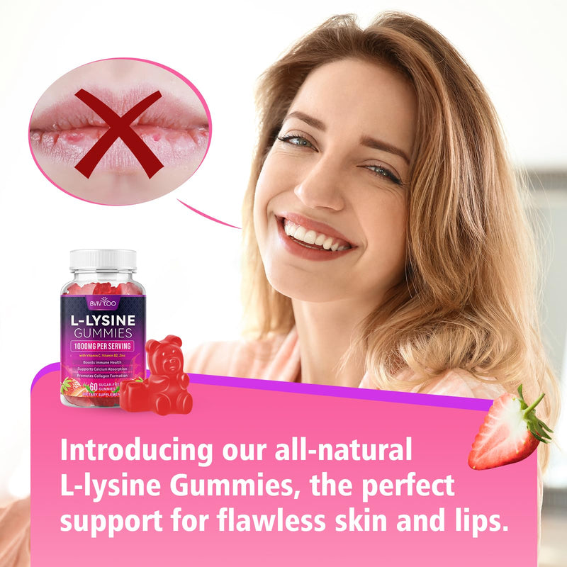 2 Pack L-Lysine 1000mg Gummies for Immune Support & Skin Health - High Potency Vegan Gummies, Sugar-Free, Natural Berry Flavor, Gluten-Free Chewable Supplement for Adults & Kids - 120 Gummiess 2pack