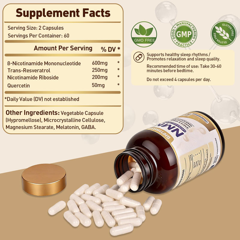 NMN Supplement 600mg with Resveratrol, NR & Quercetin – Cellular Energy, Healthy Aging & Sleep Support – 120 Capsules (60-Day Supply)