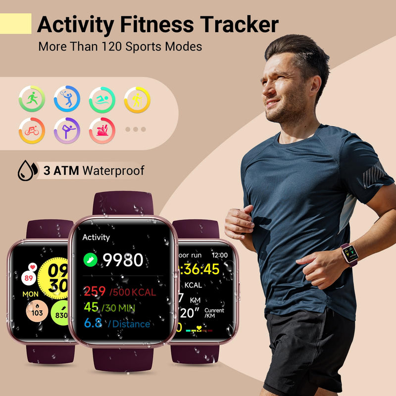 Smartwatch for Women, Compatible with Android & iPhone, 1.8'' Fitness Tracker Watch with Alexa, Call & Notification Alerts, Heart Rate & Sleep Monitor, 120 Sports Modes, Waterproof Watch for Women 1.8 inches Rose Purple - BeesActive Australia