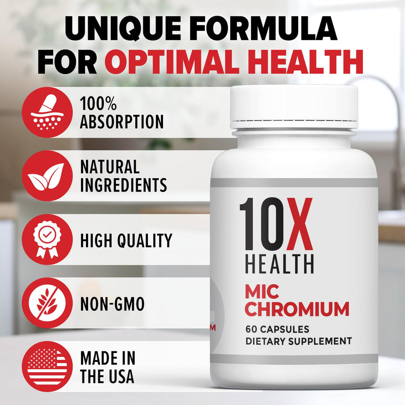 10X Health MIC Chromium Supplements - 60 Capsules - Contains Choline Inositol & L Methionine - Mineral Supplements for Daily Nutritional Support - Chromium, L-Methionine, Choline Supplements