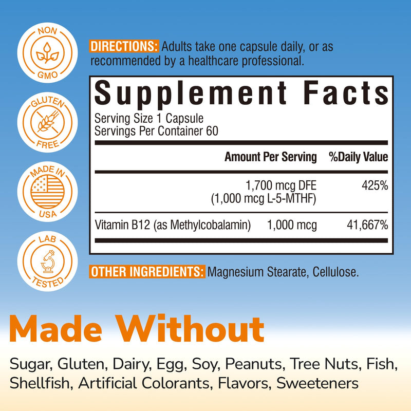 Vitalibre Methyl Folate 1000 mcg, L-5-MTHF with Methylcobalamin B12, Heart & Blood Health, Healthy Nervous System, Energy Support, Vegan, Bioactive Form, Best Absorption, 60 Capsules 60 Count (Pack of 1)